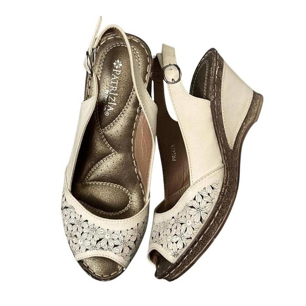 patrizia peep-toe cream wedge sandals with adorable laser-cut detailing